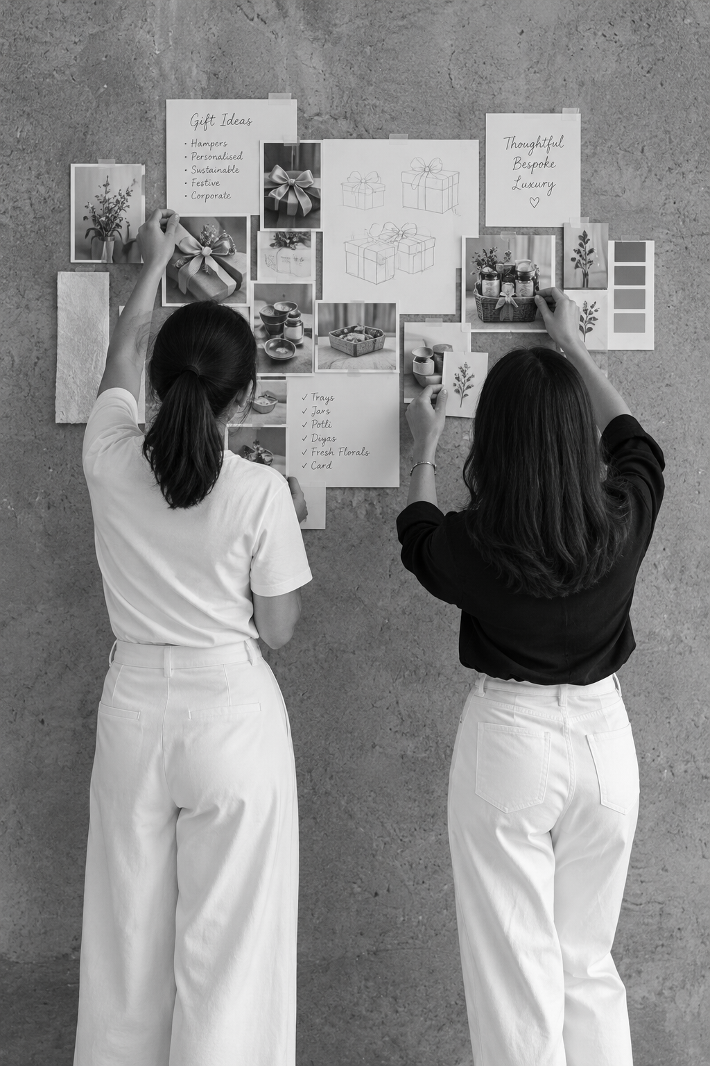 Two founders seen from behind, arranging gift sketches, photographs and paper swatches pinned to a studio wall