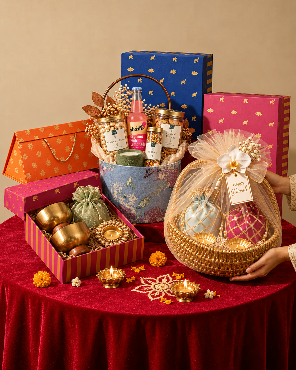 A hand presenting a tulle-wrapped golden basket beside a striped gift box, a bucket hamper and gold-printed boxes on a red velvet table with marigolds and lit diyas